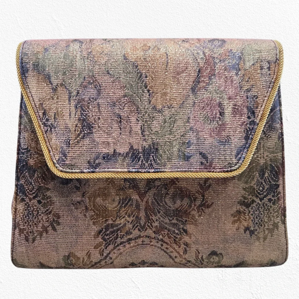 Vintage 80s Metallic Floral Tapestry Envelope Clutch Timothy Hitsman Spain Purse